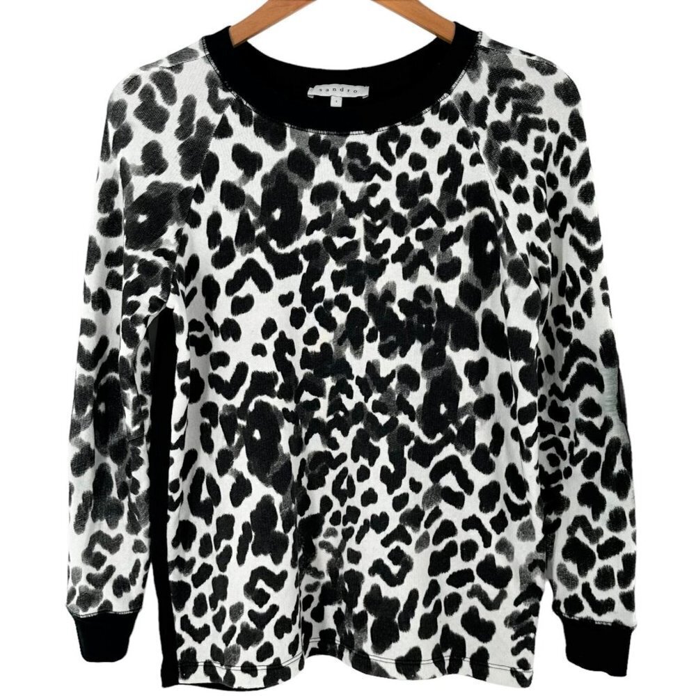 Sandro Black & White Leopard Print Sweatshirt Leather Elbow Patches Size 1/S
